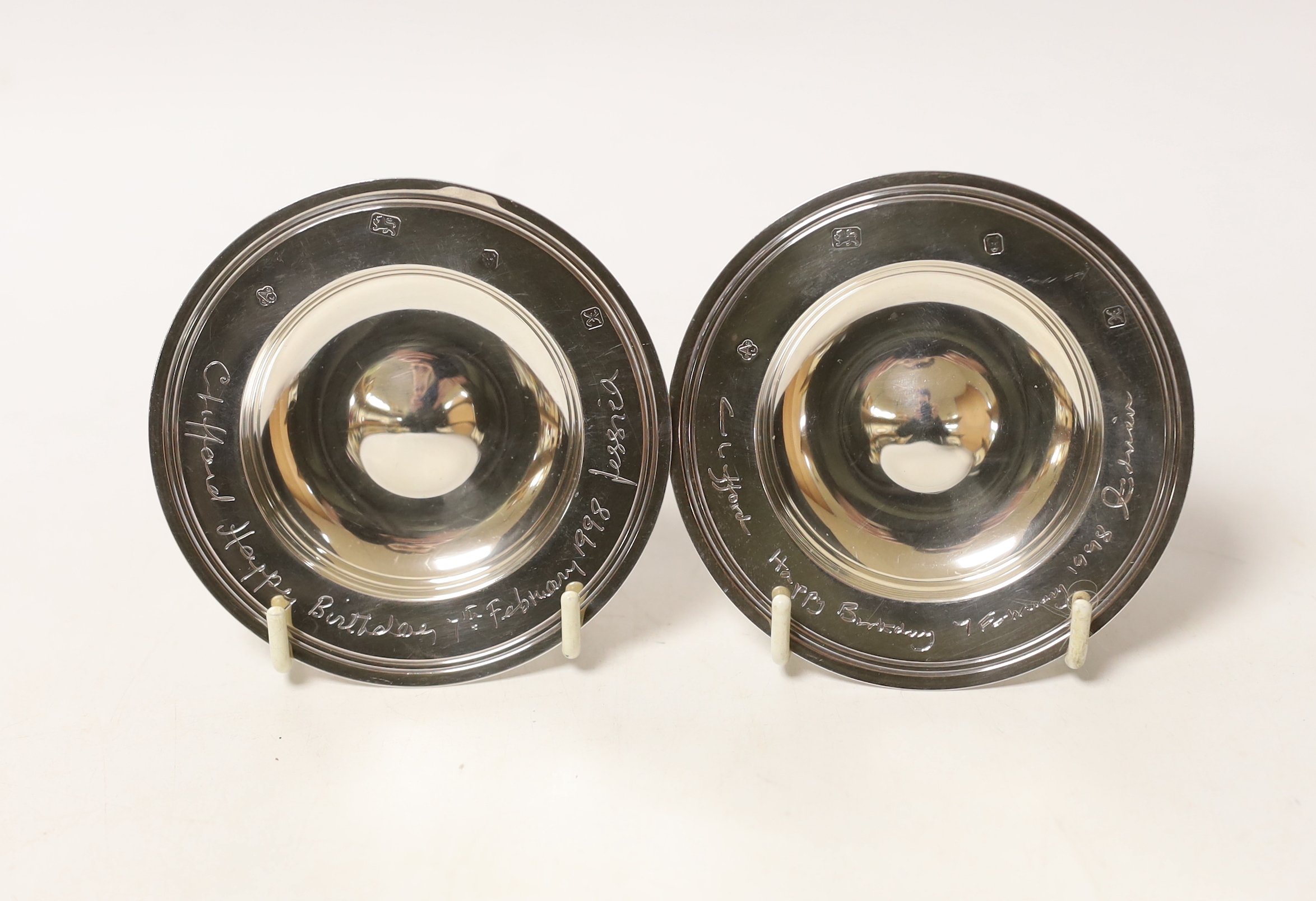 A pair of modern Asprey silver miniature armada dishes, London, 1997, diameter 96mm.
